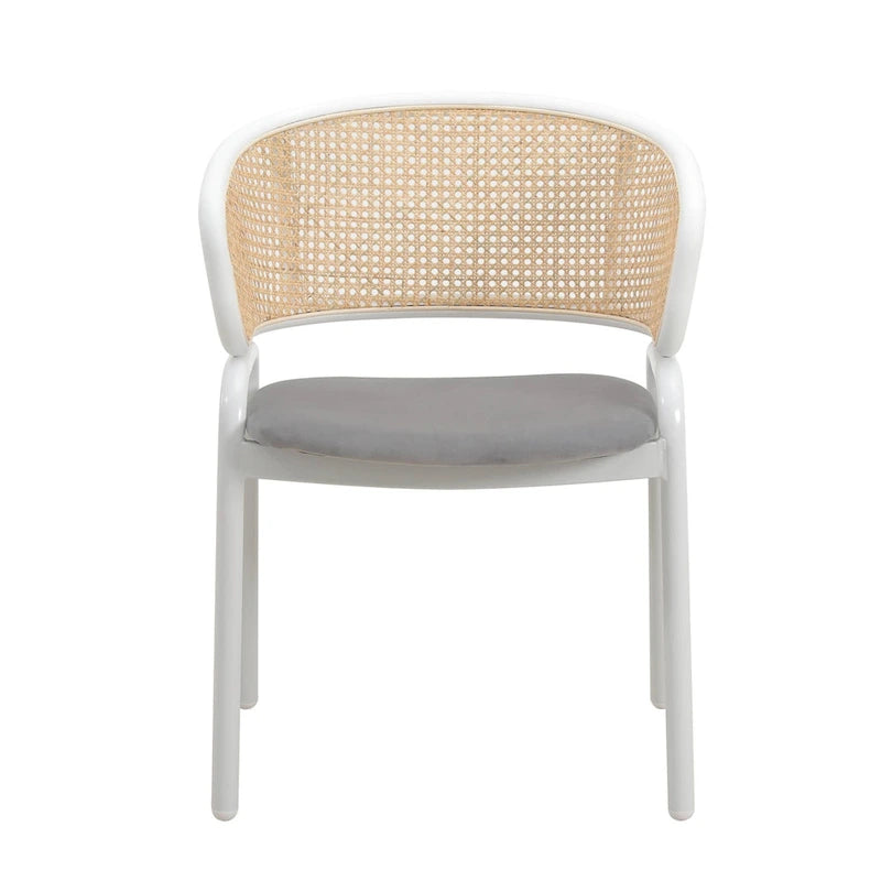 Chaise de salle à manger avec accoudoirs – Assise en velours et dossier en rotin, lot de 2 (Beige / Blanc / Noir / Gris)