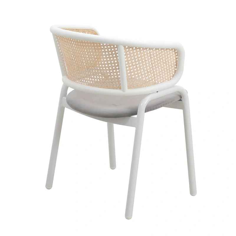 Chaise de salle à manger avec accoudoirs – Assise en velours et dossier en rotin, lot de 2 (Beige / Blanc / Noir / Gris)