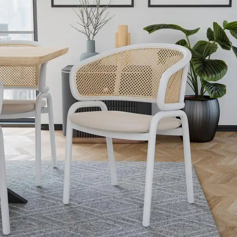 Chaise de salle à manger avec accoudoirs – Assise en velours et dossier en rotin, lot de 2 (Beige / Blanc / Noir / Gris)