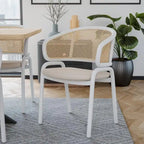 Chaise de salle à manger avec accoudoirs – Assise en velours et dossier en rotin, lot de 2 (Beige / Blanc / Noir / Gris)
