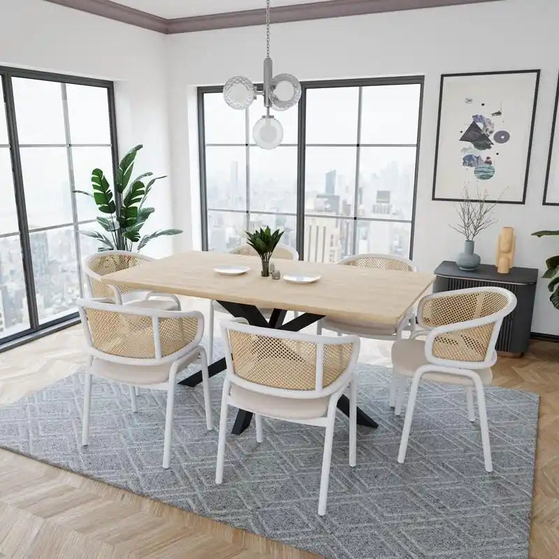 Chaise de salle à manger avec accoudoirs – Assise en velours et dossier en rotin, lot de 2 (Beige / Blanc / Noir / Gris)