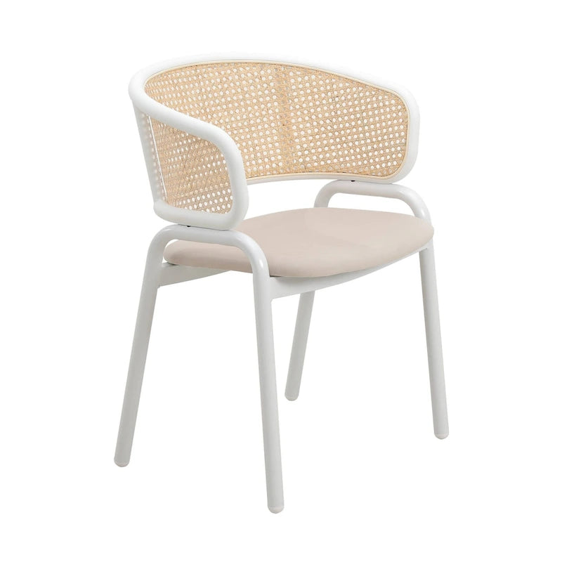 Chaise de salle à manger avec accoudoirs – Assise en velours et dossier en rotin, lot de 2 (Beige / Blanc / Noir / Gris)