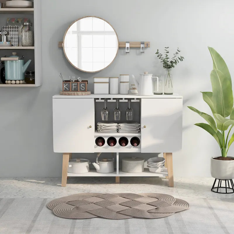 Buffet de service moderne du milieu du siècle Noyer/Chêne blanc — Repas 2 personnes, Rangement pour 4 bouteilles de vin