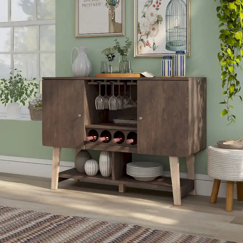 Buffet de service moderne du milieu du siècle Noyer/Chêne blanc — Repas 2 personnes, Rangement pour 4 bouteilles de vin