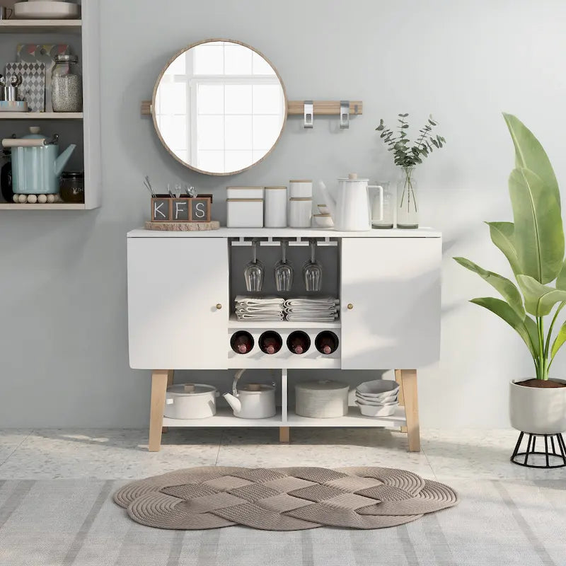 Buffet de service moderne du milieu du siècle Noyer/Chêne blanc — Repas 2 personnes, Rangement pour 4 bouteilles de vin