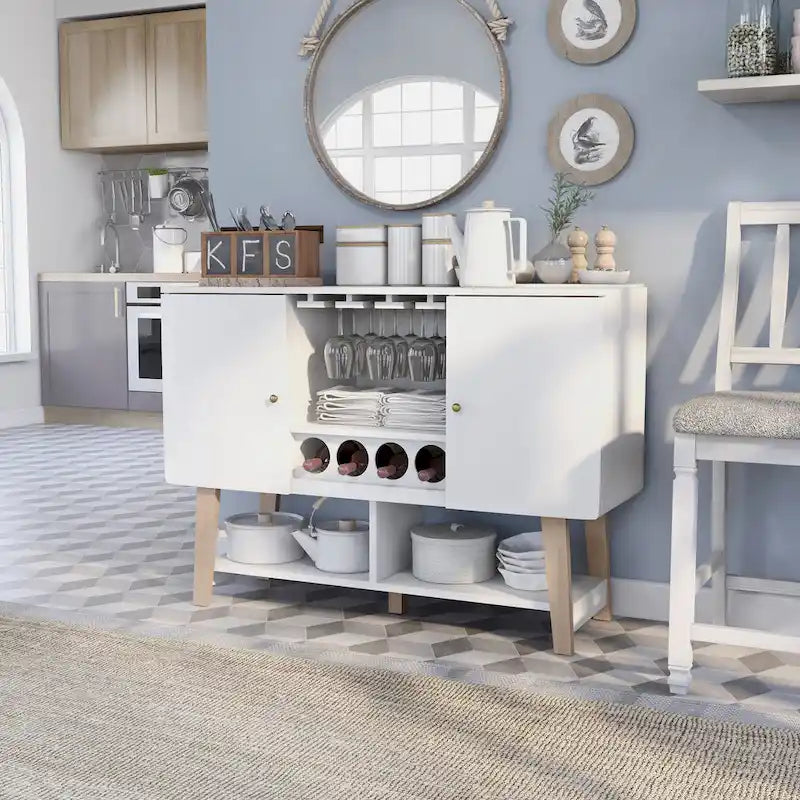 Buffet de service moderne du milieu du siècle Noyer/Chêne blanc — Repas 2 personnes, Rangement pour 4 bouteilles de vin
