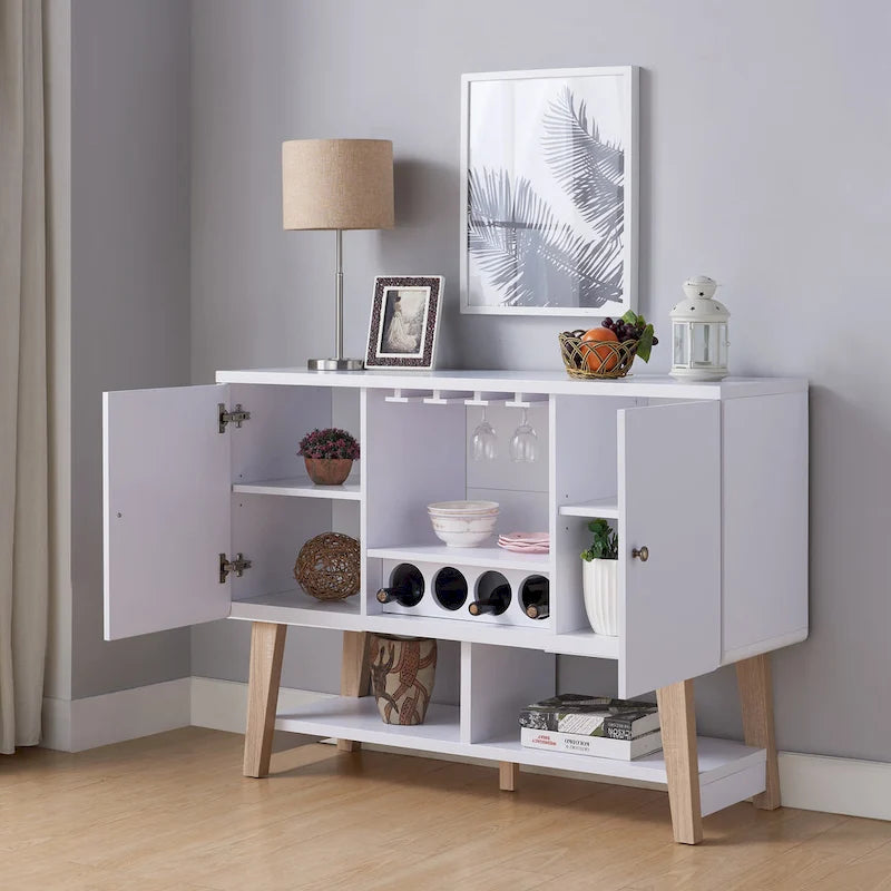 Buffet de service moderne du milieu du siècle Noyer/Chêne blanc — Repas 2 personnes, Rangement pour 4 bouteilles de vin