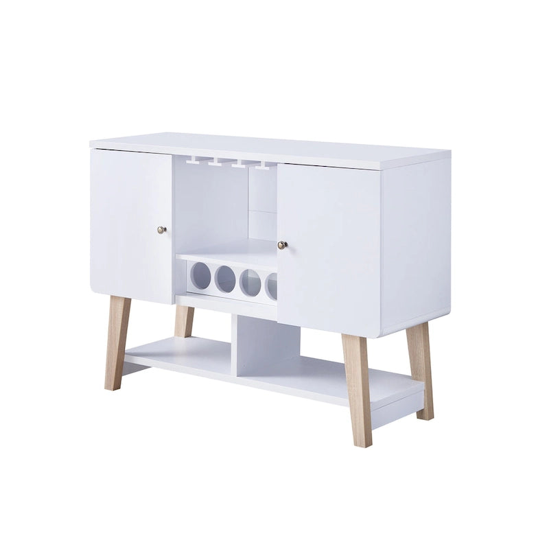 Buffet de service moderne du milieu du siècle Noyer/Chêne blanc — Repas 2 personnes, Rangement pour 4 bouteilles de vin
