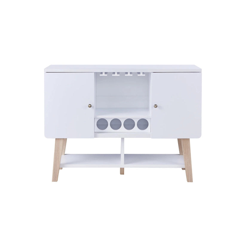 Buffet de service moderne du milieu du siècle Noyer/Chêne blanc — Repas 2 personnes, Rangement pour 4 bouteilles de vin
