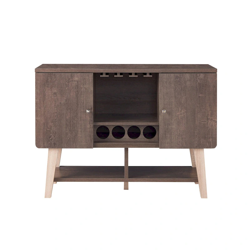 Buffet de service moderne du milieu du siècle Noyer/Chêne blanc — Repas 2 personnes, Rangement pour 4 bouteilles de vin