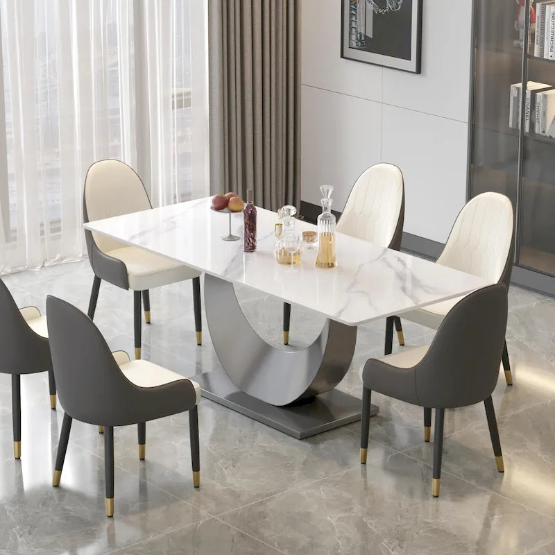 Table à manger rectangulaire de 79" pour 10 personnes — Blanc/Noir/Pandora et Gris, Piétement Piédestal en U