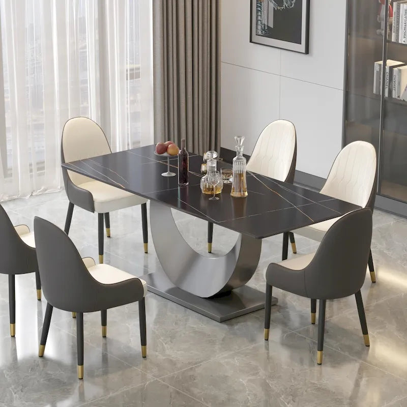 Table à manger rectangulaire de 79" pour 10 personnes — Blanc/Noir/Pandora et Gris, Piétement Piédestal en U