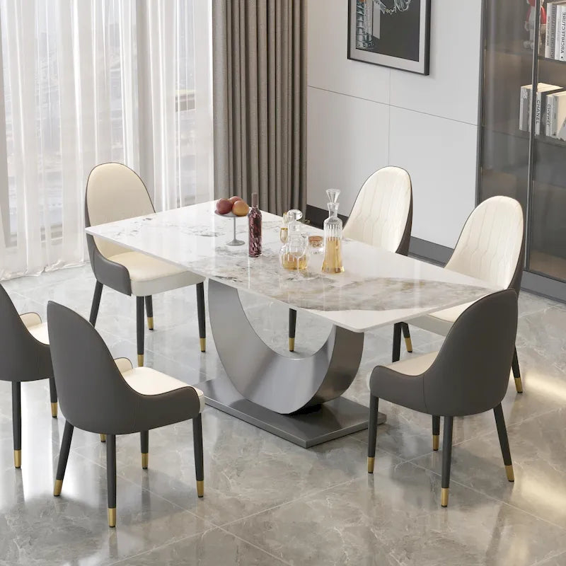 Table à manger rectangulaire de 79" pour 10 personnes — Blanc/Noir/Pandora et Gris, Piétement Piédestal en U