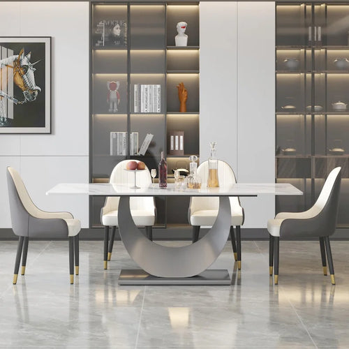 Table à manger rectangulaire de 79" pour 10 personnes — Blanc/Noir/Pandora et Gris, Piétement Piédestal en U