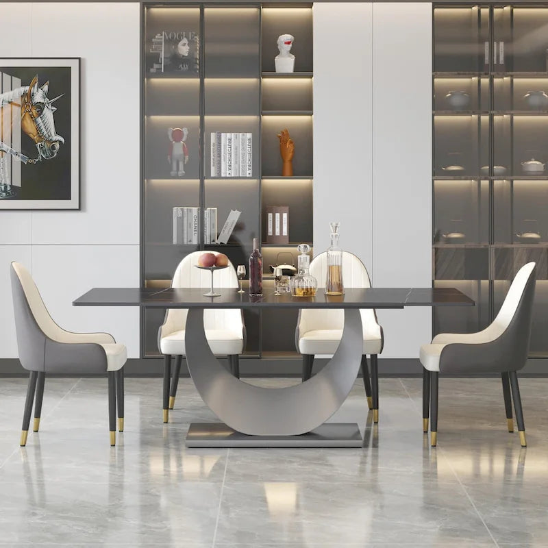 Table à manger rectangulaire de 79" pour 10 personnes — Blanc/Noir/Pandora et Gris, Piétement Piédestal en U