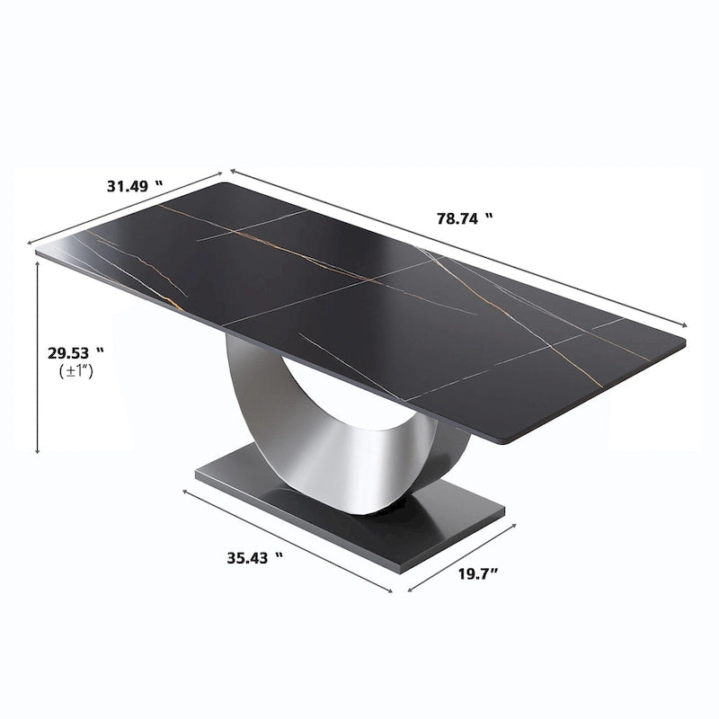 Table à manger rectangulaire de 79" pour 10 personnes — Blanc/Noir/Pandora et Gris, Piétement Piédestal en U