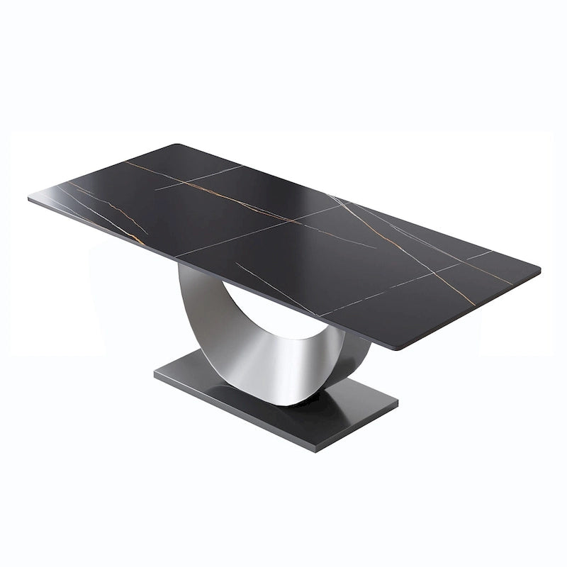 Table à manger rectangulaire de 79" pour 10 personnes — Blanc/Noir/Pandora et Gris, Piétement Piédestal en U