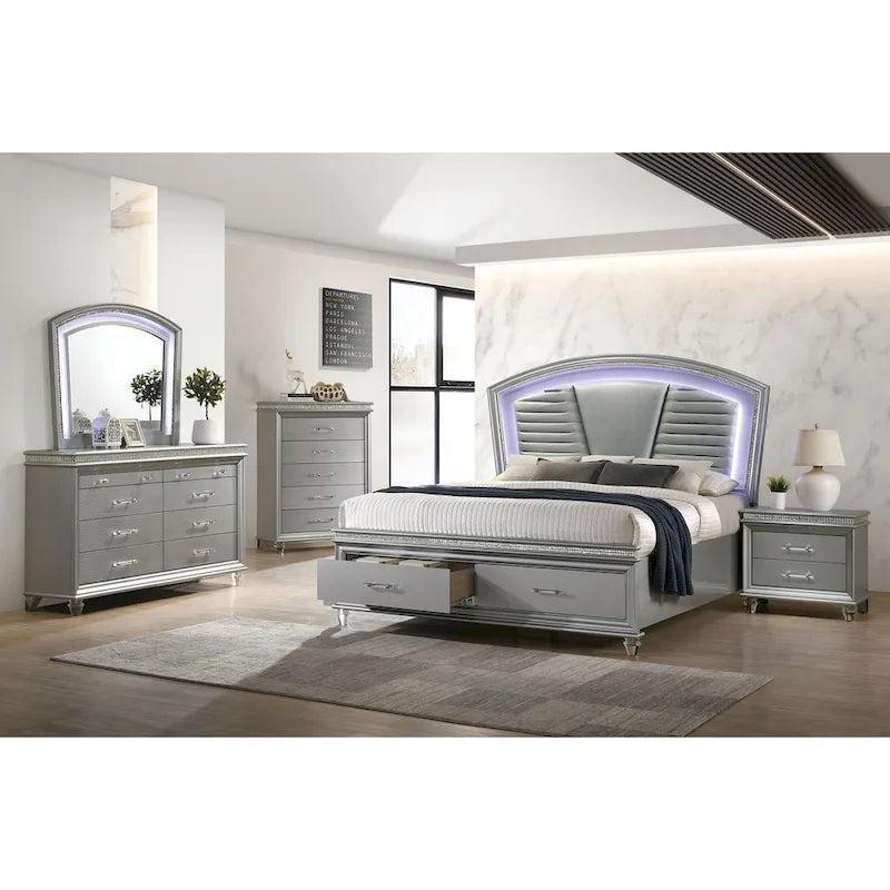 Commode à 8 tiroirs Glam Contemporain Blanc Perle / Argent