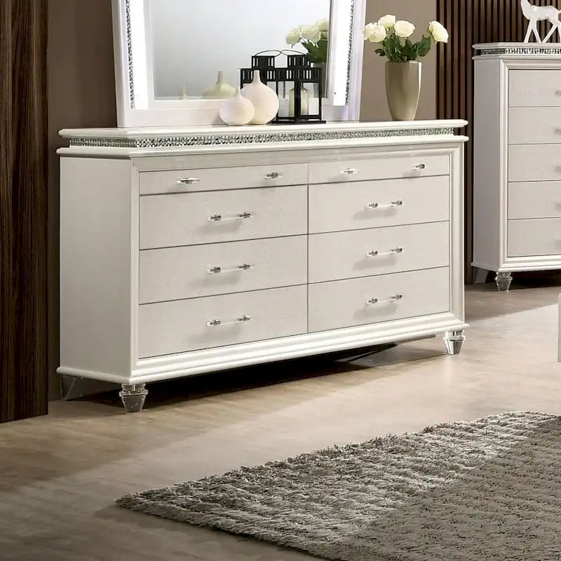 Commode à 8 tiroirs Glam Contemporain Blanc Perle / Argent