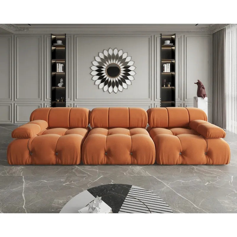 Canapé modulable en velours – 3 places, réversible, beige / orange / vert / noir / bleu