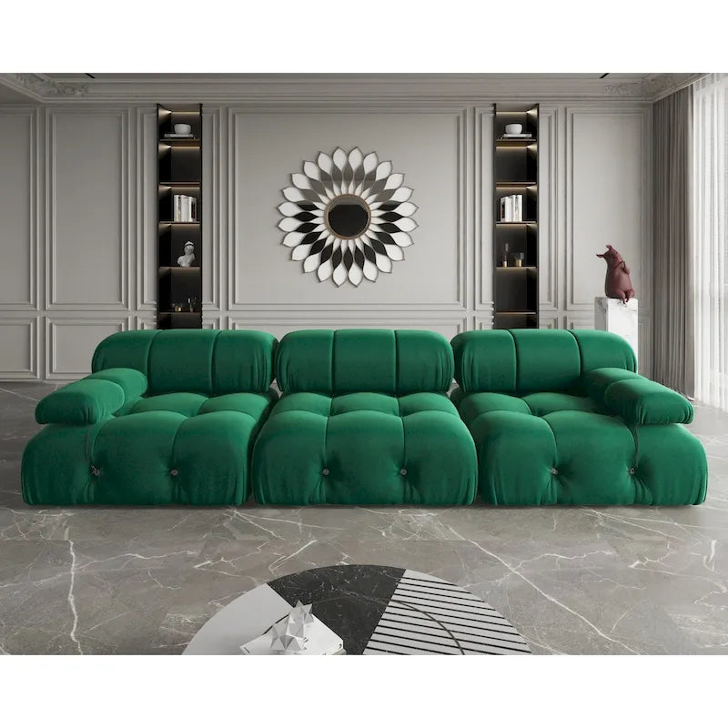 Canapé modulable en velours – 3 places, réversible, beige / orange / vert / noir / bleu
