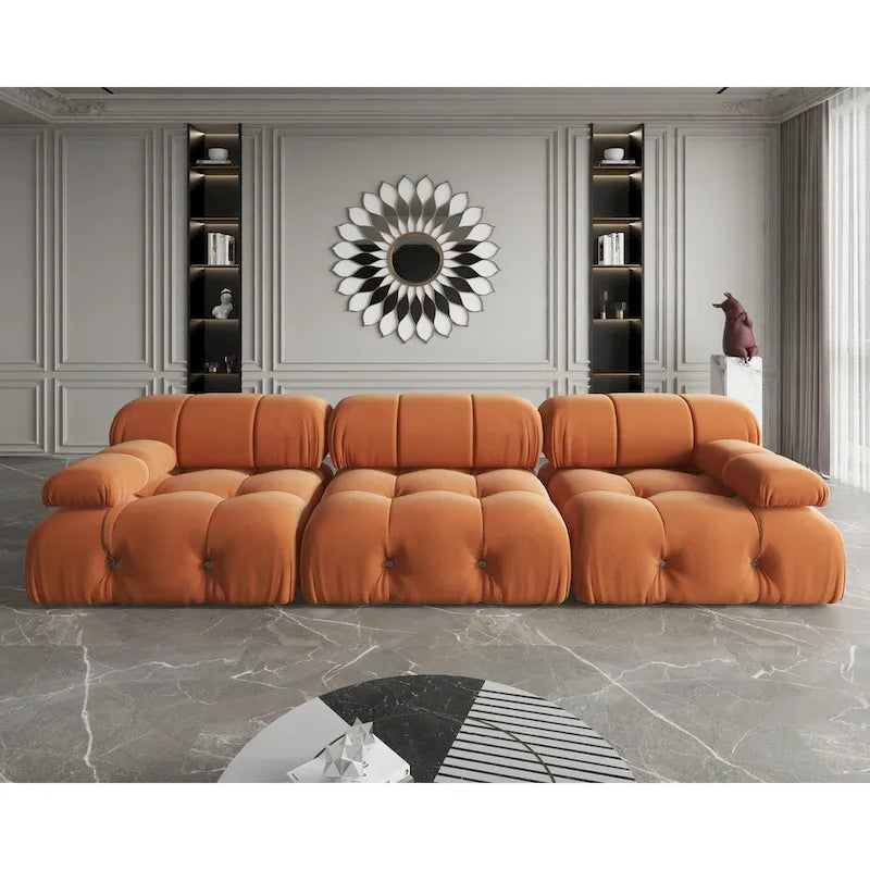 Canapé modulable en velours – 3 places, réversible, beige / orange / vert / noir / bleu