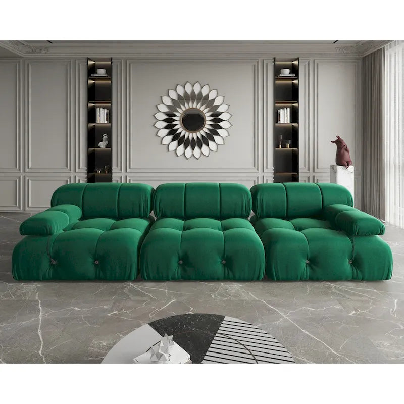 Canapé modulable en velours – 3 places, réversible, beige / orange / vert / noir / bleu