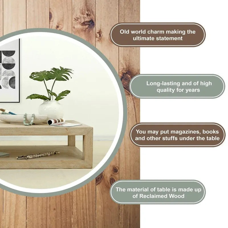 Table basse carrée en bois rustique blanc cassé pour 2 à 4 personnes