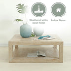 Table basse carrée en bois rustique blanc cassé pour 2 à 4 personnes