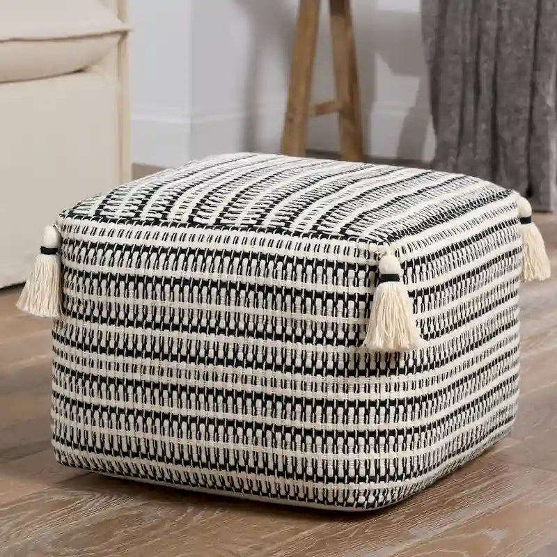 Pouf cube en coton rayé crème et noir – 1 personne, 45,7 x 45,7 x 35,5 cm