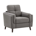Fauteuil gris capitonné en microfibre – 1 place, pieds en bois espresso
