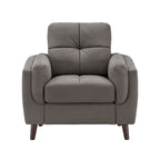 Fauteuil gris capitonné en microfibre – 1 place, pieds en bois espresso