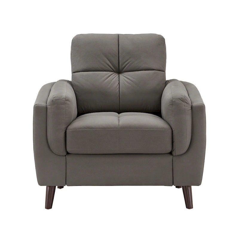 Fauteuil gris capitonné en microfibre – 1 place, pieds en bois espresso