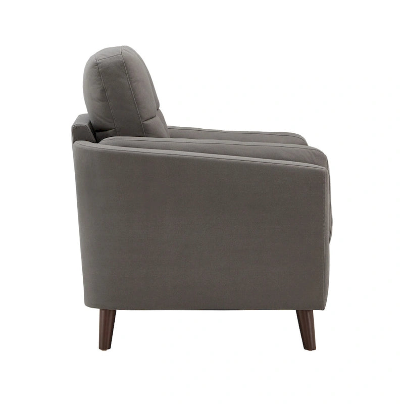 Fauteuil gris capitonné en microfibre – 1 place, pieds en bois espresso