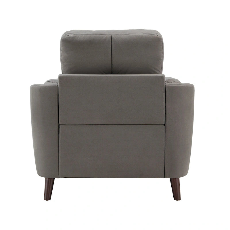 Fauteuil gris capitonné en microfibre – 1 place, pieds en bois espresso