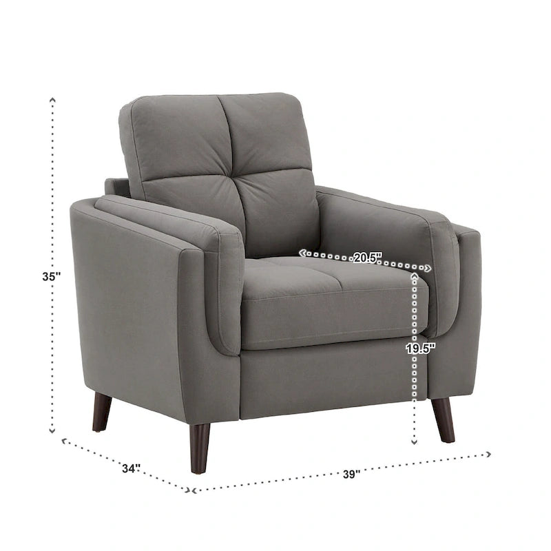 Fauteuil gris capitonné en microfibre – 1 place, pieds en bois espresso