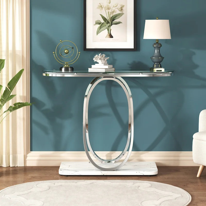 Console — Plateau en verre et marbre, piètement en métal géométrique