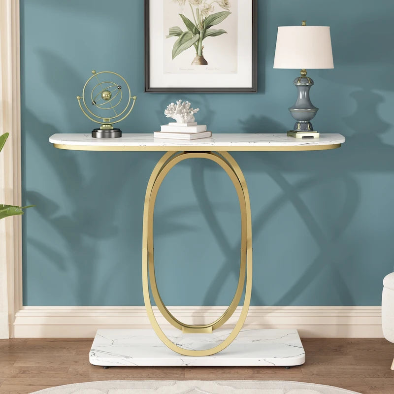 Console — Plateau en verre et marbre, piètement en métal géométrique