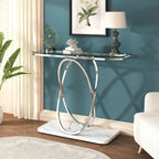 Console — Plateau en verre et marbre, piètement en métal géométrique