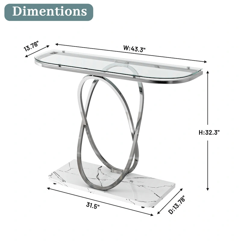 Console — Plateau en verre et marbre, piètement en métal géométrique