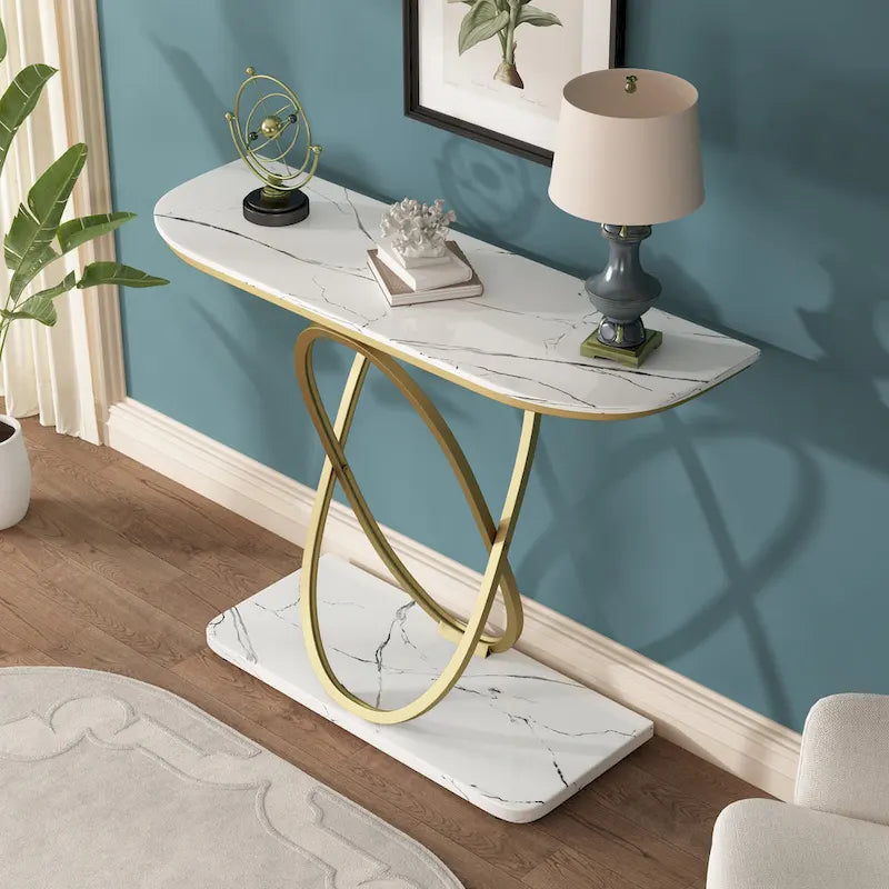 Console — Plateau en verre et marbre, piètement en métal géométrique