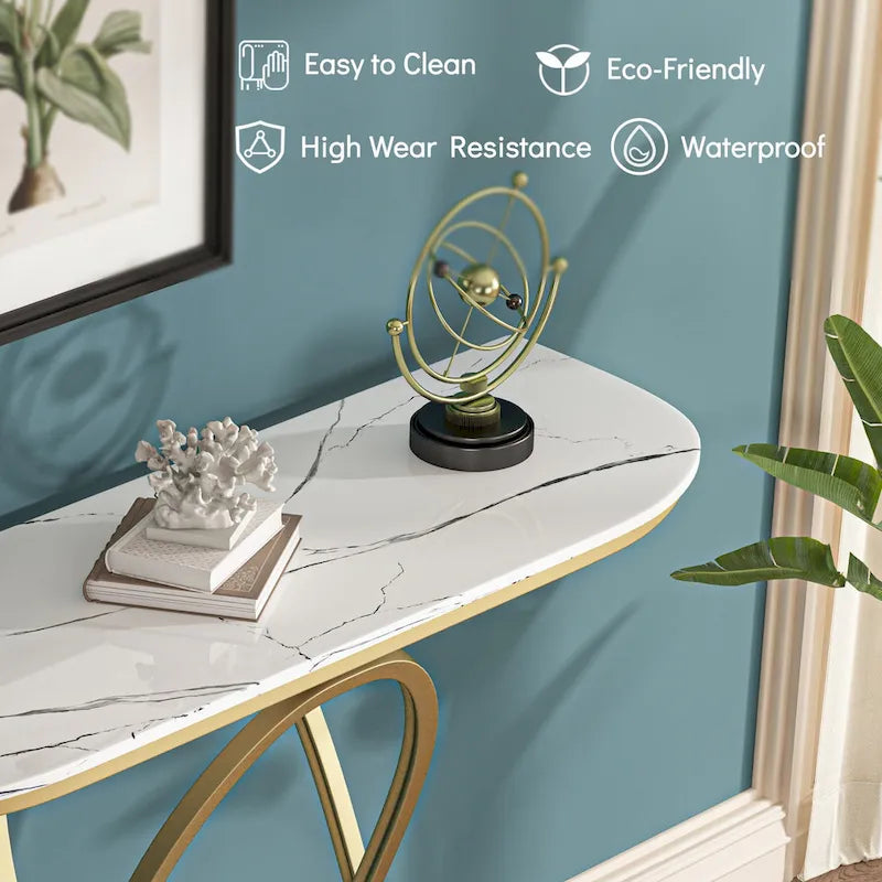 Console — Plateau en verre et marbre, piètement en métal géométrique