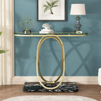 Console — Plateau en verre et marbre, piètement en métal géométrique