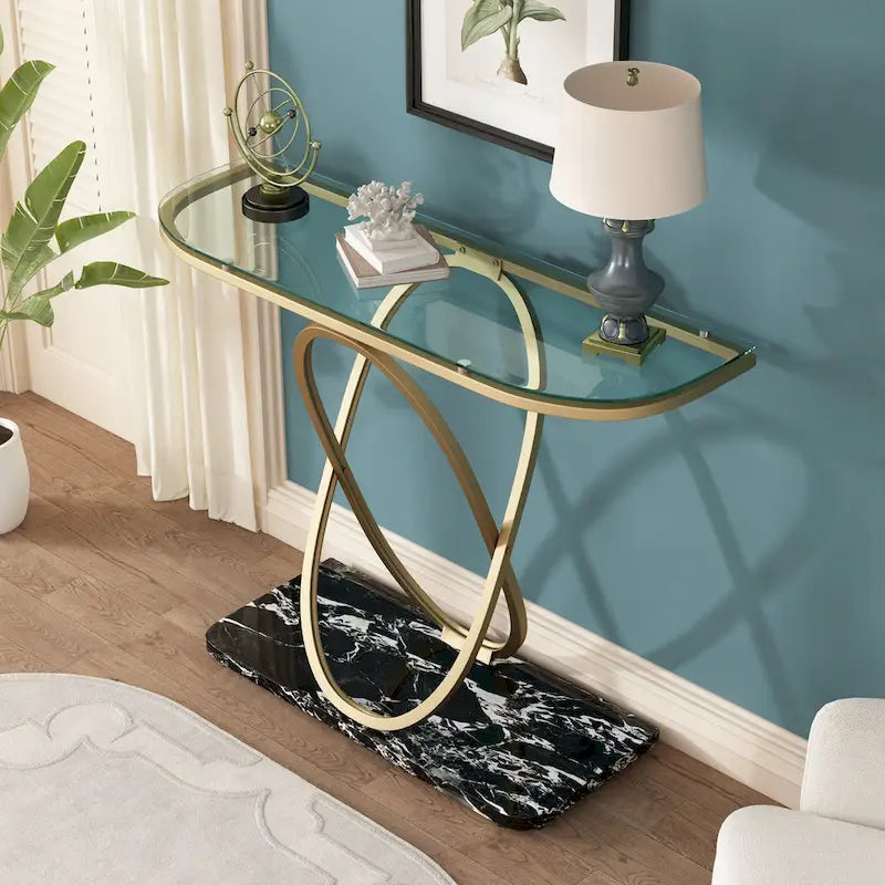 Console — Plateau en verre et marbre, piètement en métal géométrique