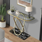 Console — Plateau en verre et marbre, piètement en métal géométrique