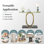 Console — Plateau en verre et marbre, piètement en métal géométrique