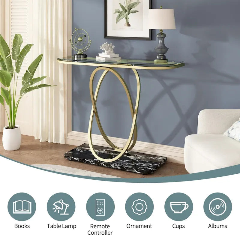 Console — Plateau en verre et marbre, piètement en métal géométrique