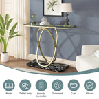 Console — Plateau en verre et marbre, piètement en métal géométrique
