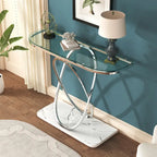 Console — Plateau en verre et marbre, piètement en métal géométrique