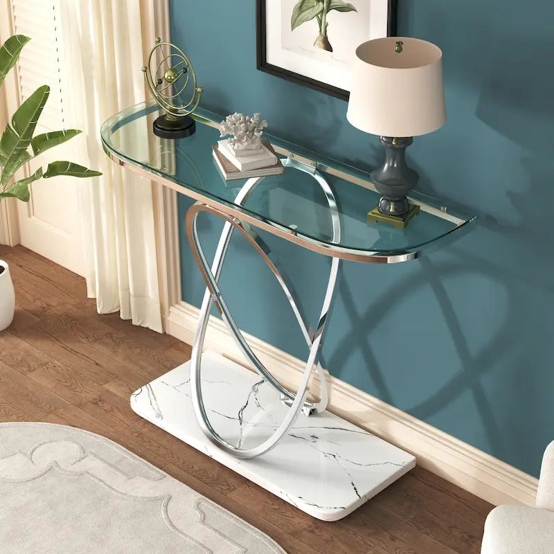 Console — Plateau en verre et marbre, piètement en métal géométrique